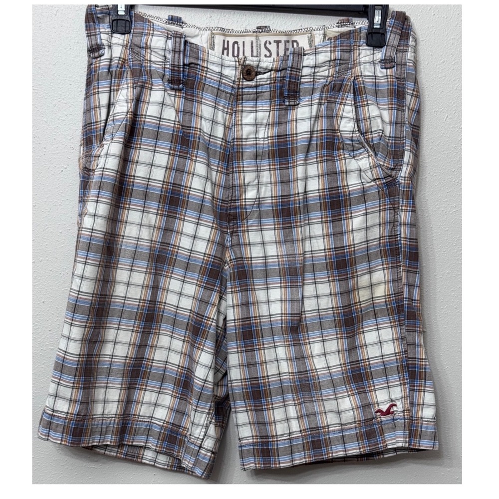 Hollister Vintage Y2K Mens Brn/Bu/Wt Plaid Shorts Sz 32 Flat Front Skater Grunge